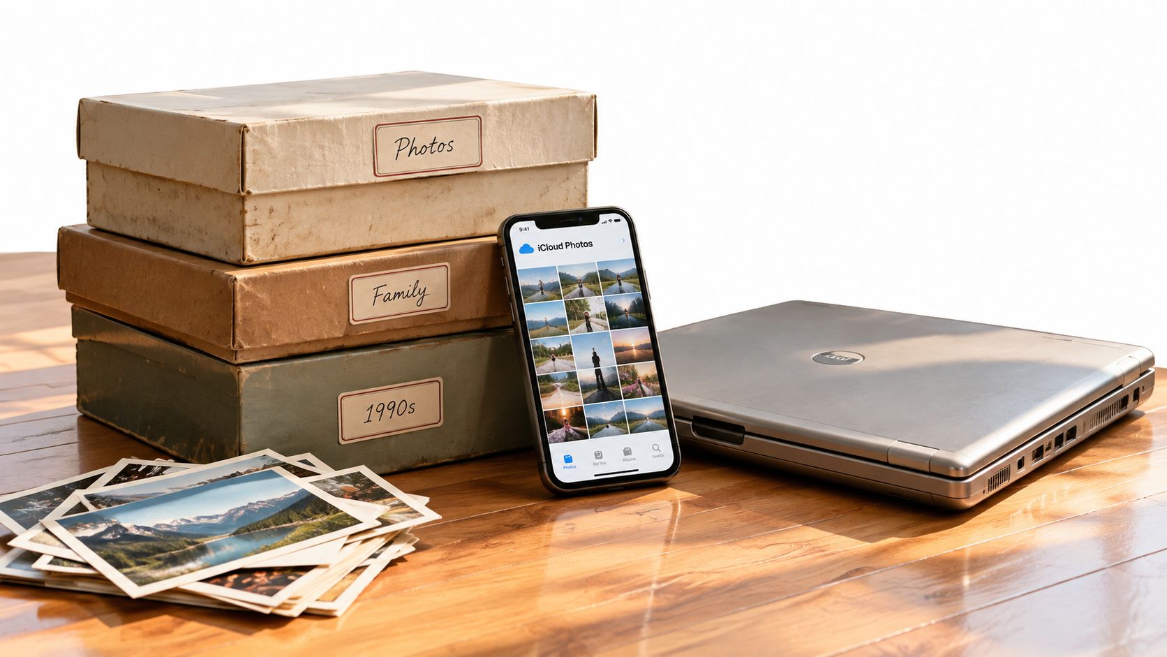 Vintage photo boxes, printed snapshots, a smartphone with a photo app, and a laptop on a table.