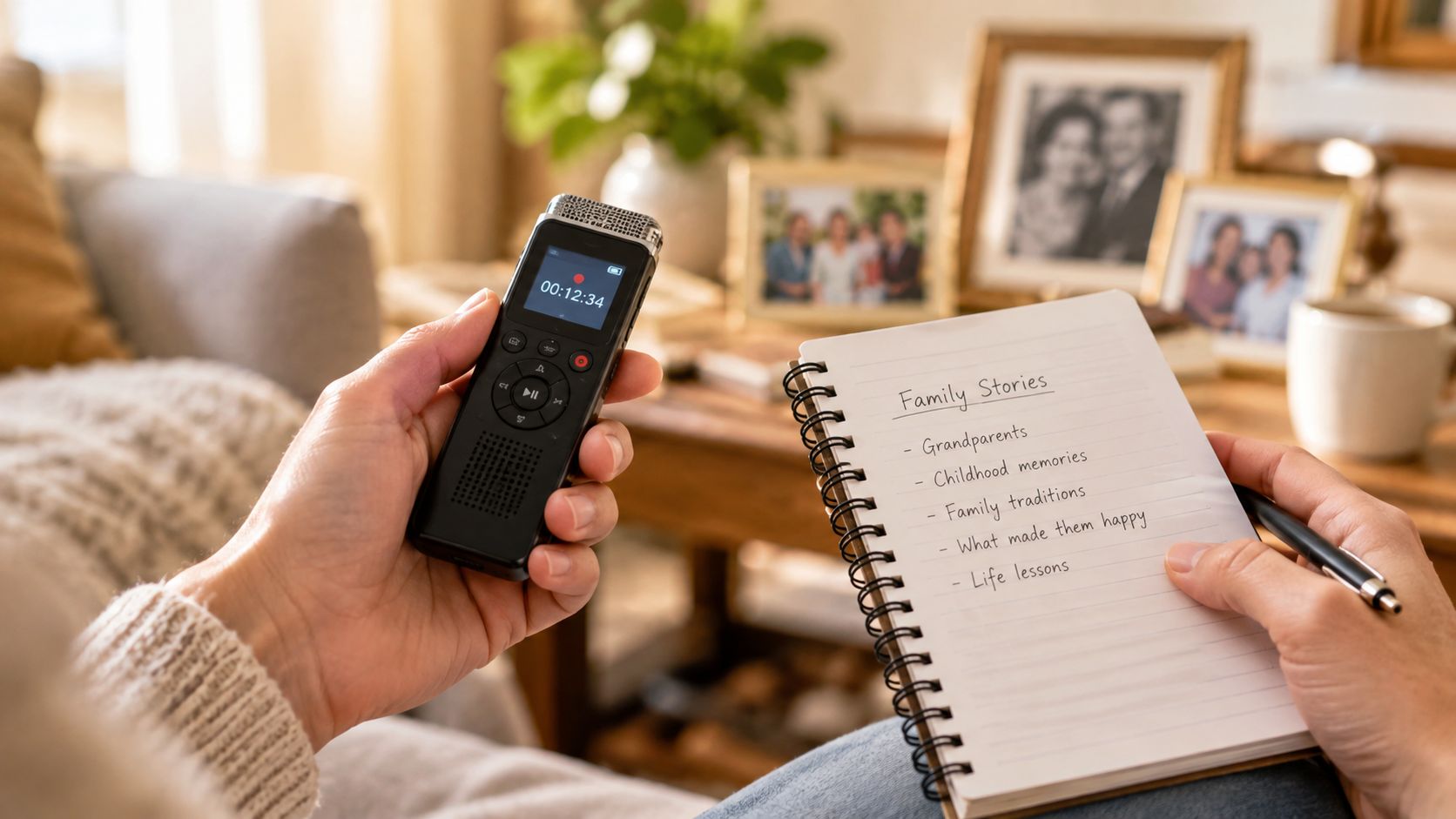 A person holding a digital voice recorder and a notebook labeled with family story topics.