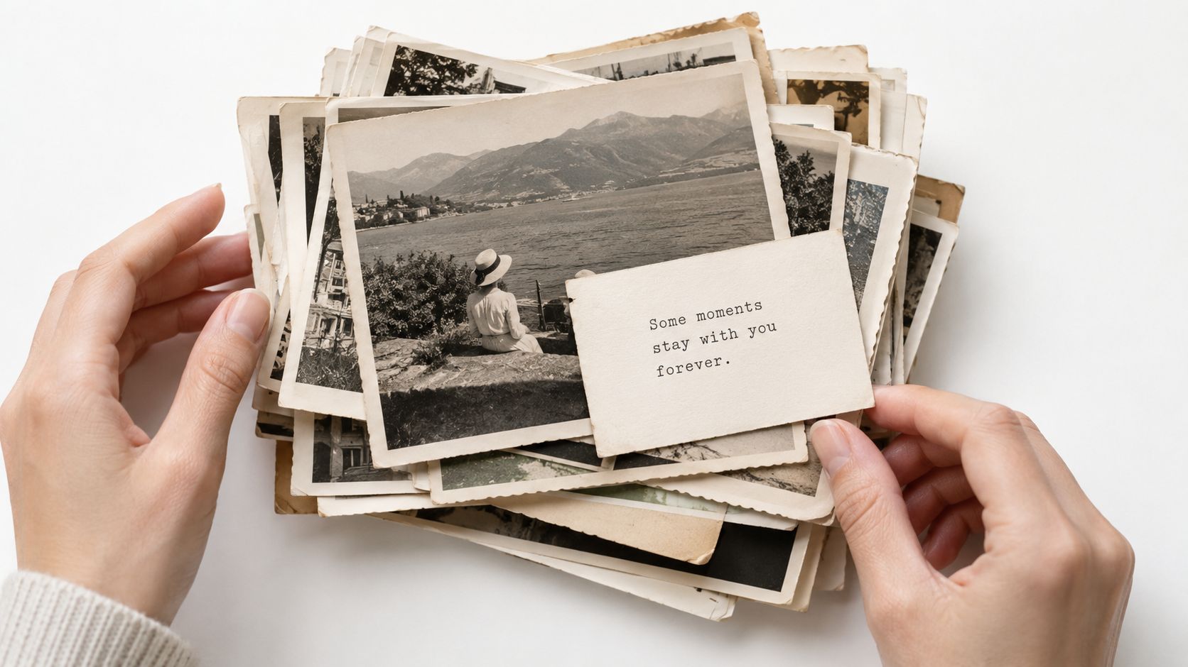 A person holds a stack of vintage photographs on a white surface, featuring an inspirational text card.