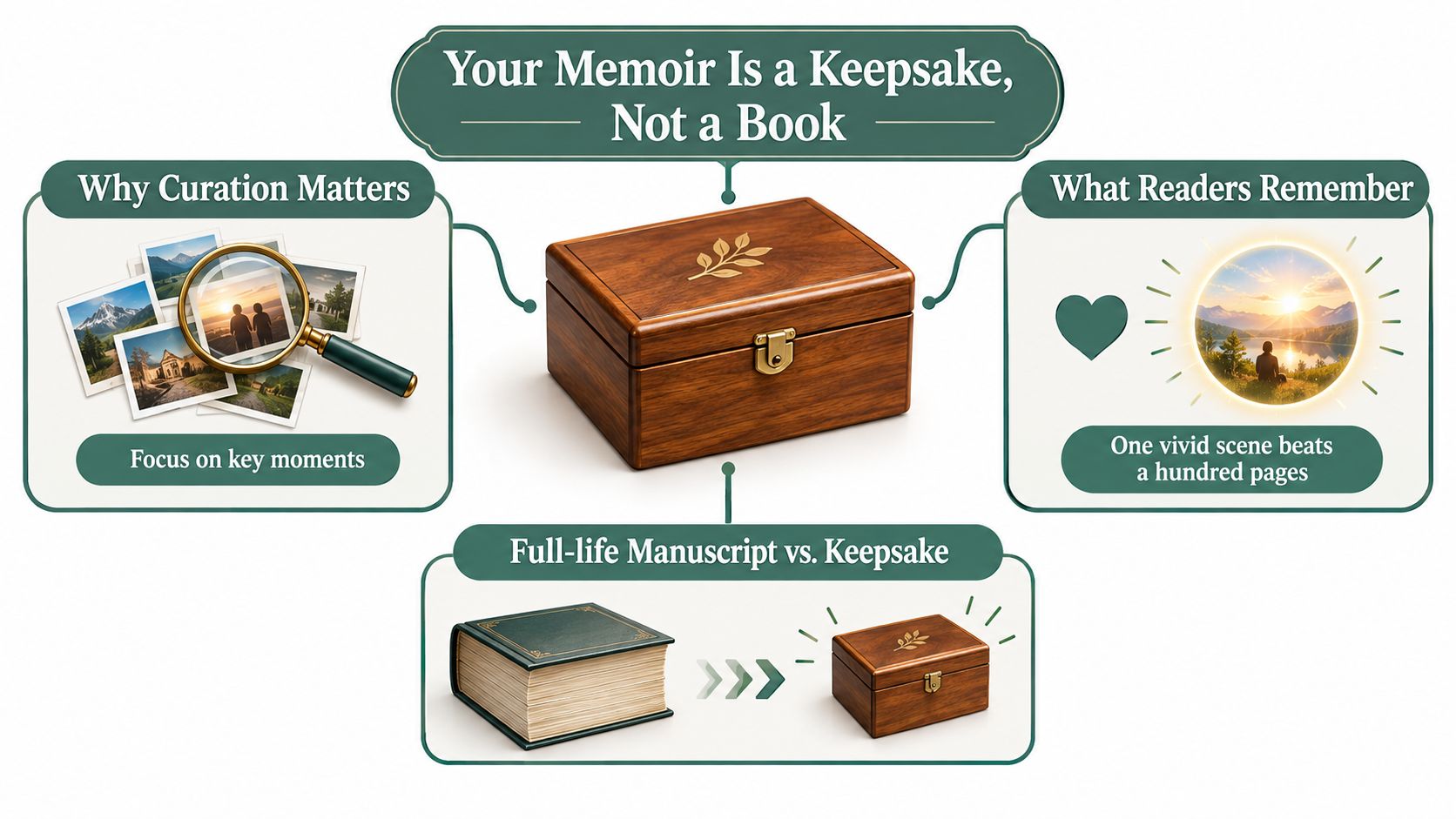 An infographic illustrating that a memoir should be a curated keepsake rather than a long, exhaustive book.