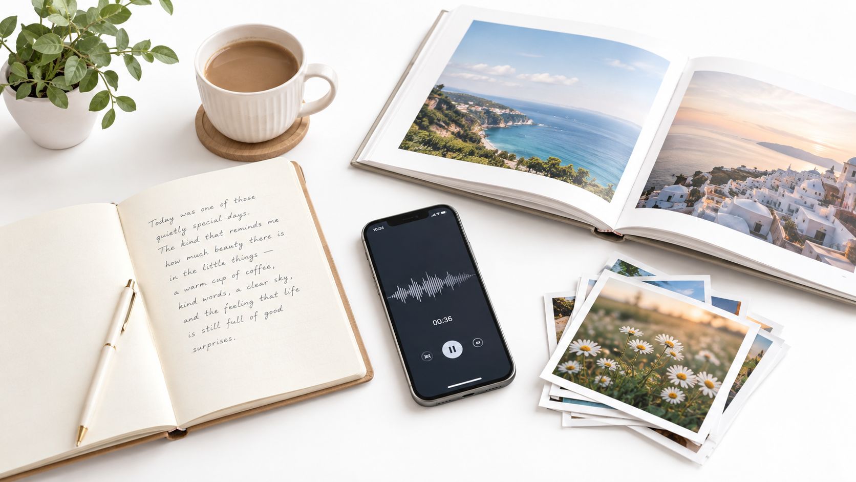 A flat lay view of a journal with handwritten notes, a coffee cup, phone, and landscape photo album.