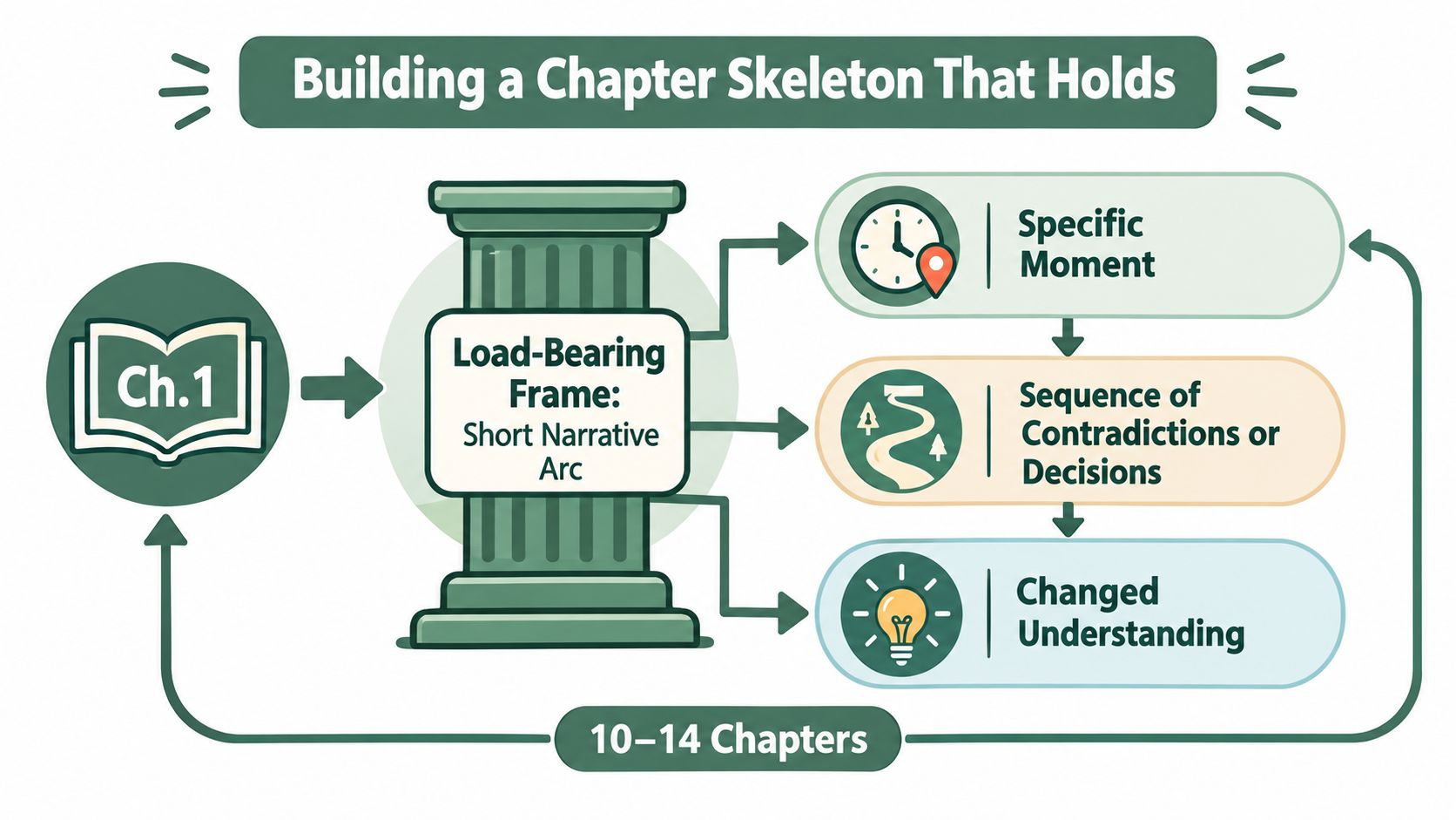 A diagram illustrating how to build a book chapter using a narrative arc, moments, and changed understanding.