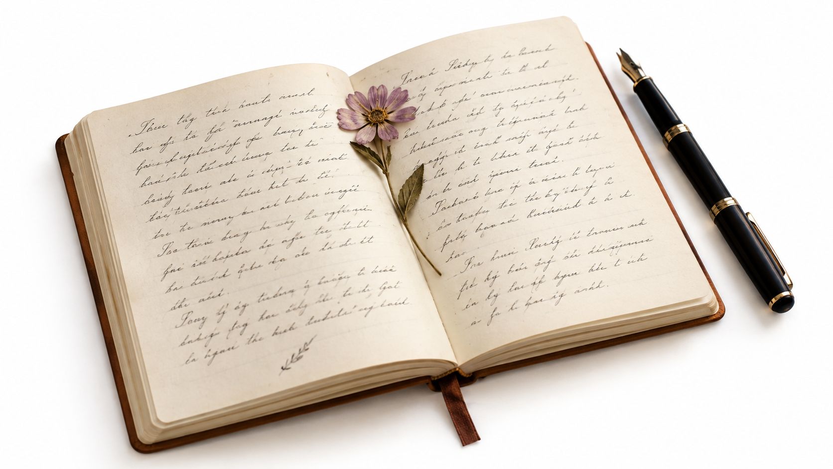 An open antique leather-bound journal with handwritten notes and a pressed flower lying on a white background.