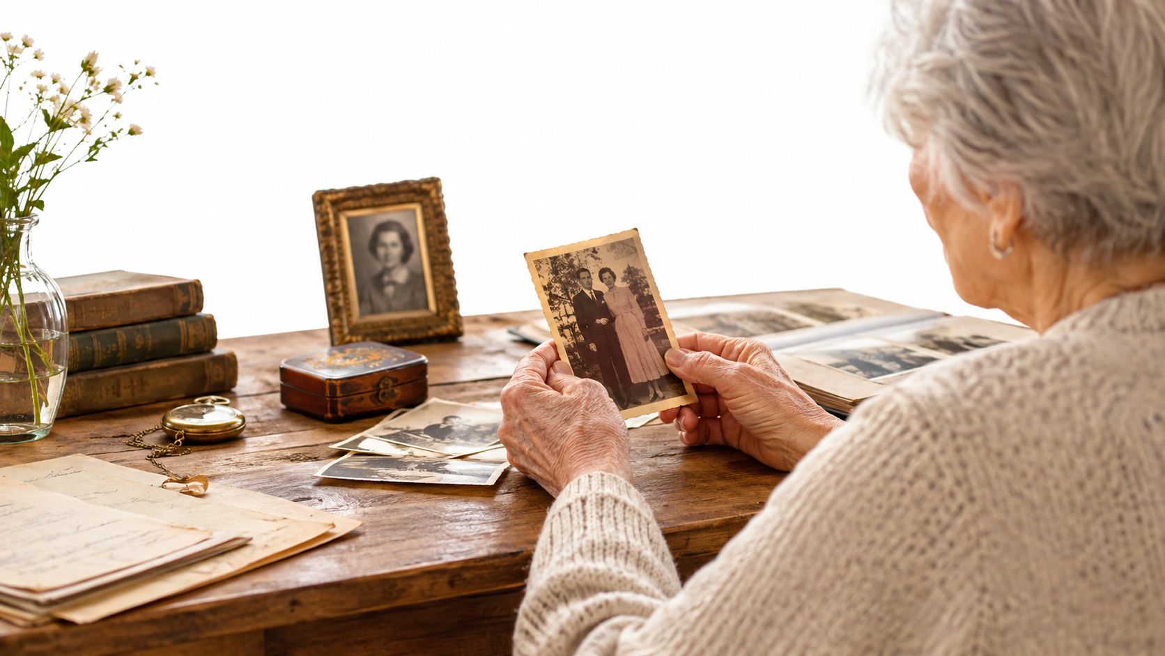 An elderly person sits at a wooden table looking at an old black and white couple photograph.