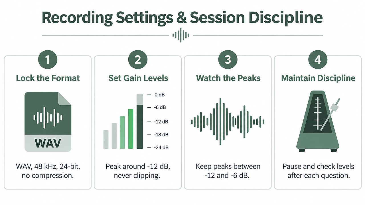 An infographic titled Recording Settings and Session Discipline showing four steps for capturing high-quality audio files.