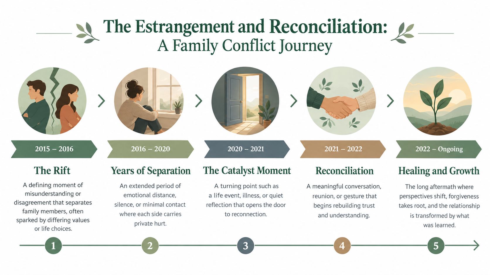 A five-step infographic illustrating the journey from family conflict and estrangement to reconciliation, healing, and growth.
