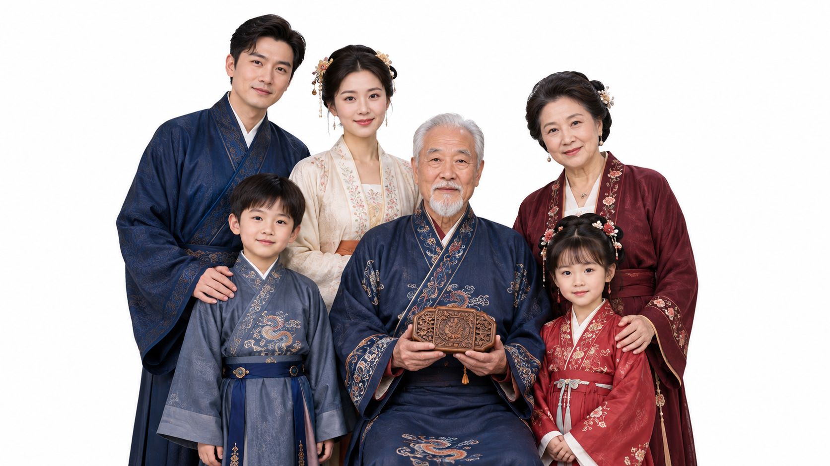 A multigenerational Asian family dressed in traditional hanfu clothing posing together in a studio portrait.