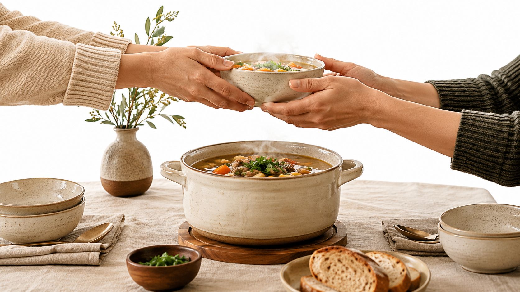 Two people passing a steaming bowl of homemade soup across a table set for a family dinner.