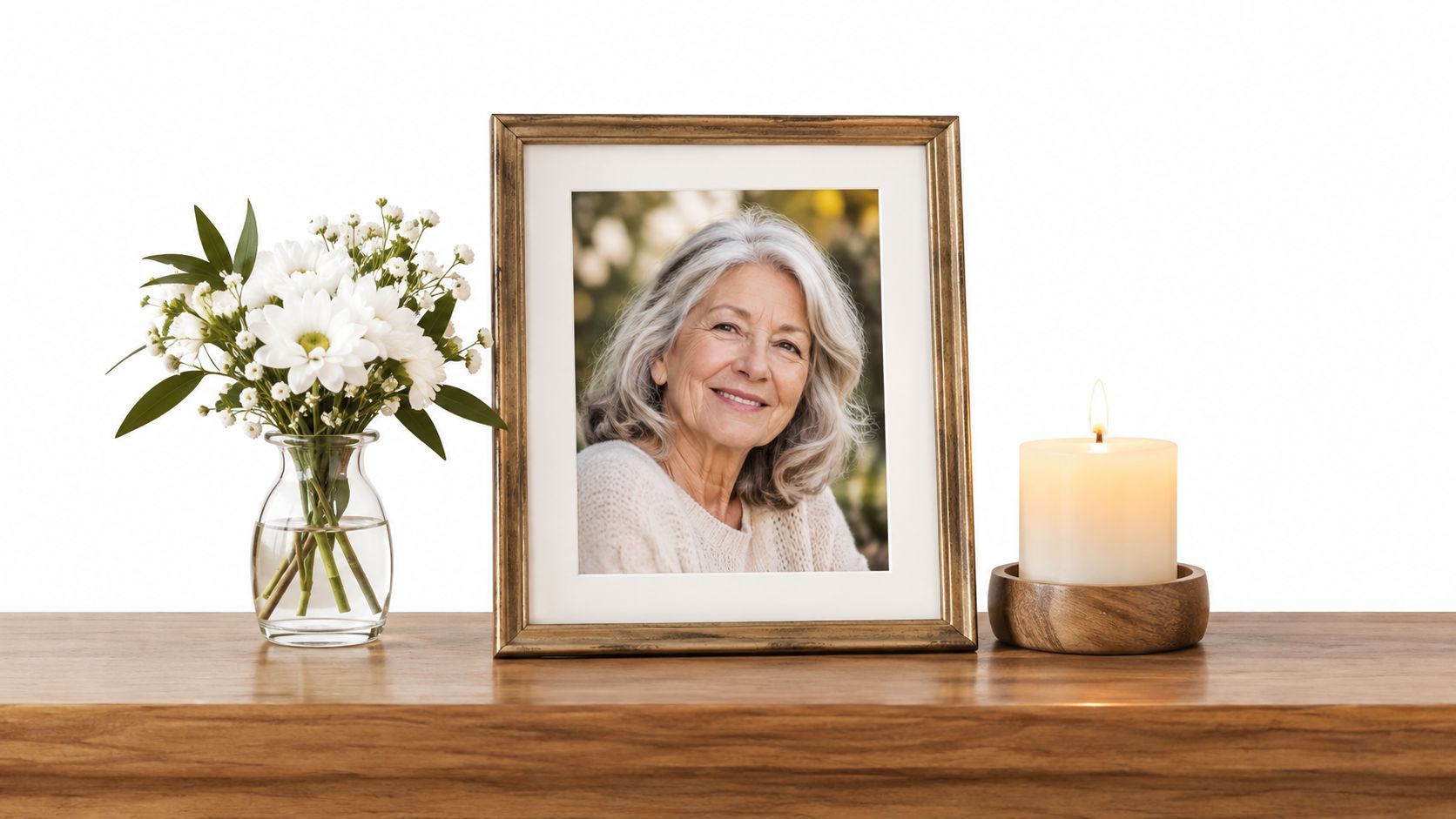 A framed portrait of an elderly woman displayed on a wooden surface with flowers and a candle.