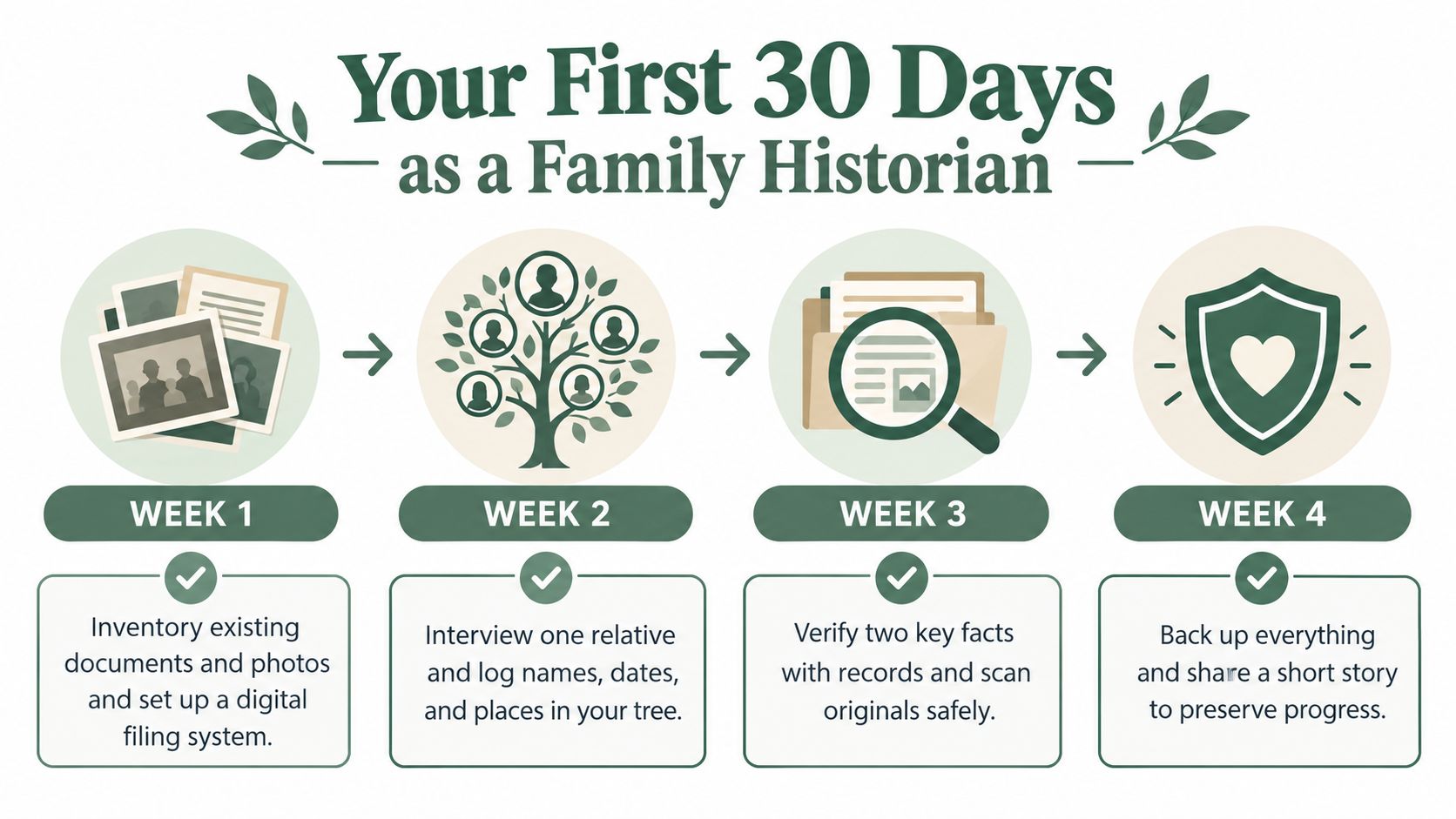 A four-week guide illustrating the steps to become a family historian through organizing, interviewing, and preserving.