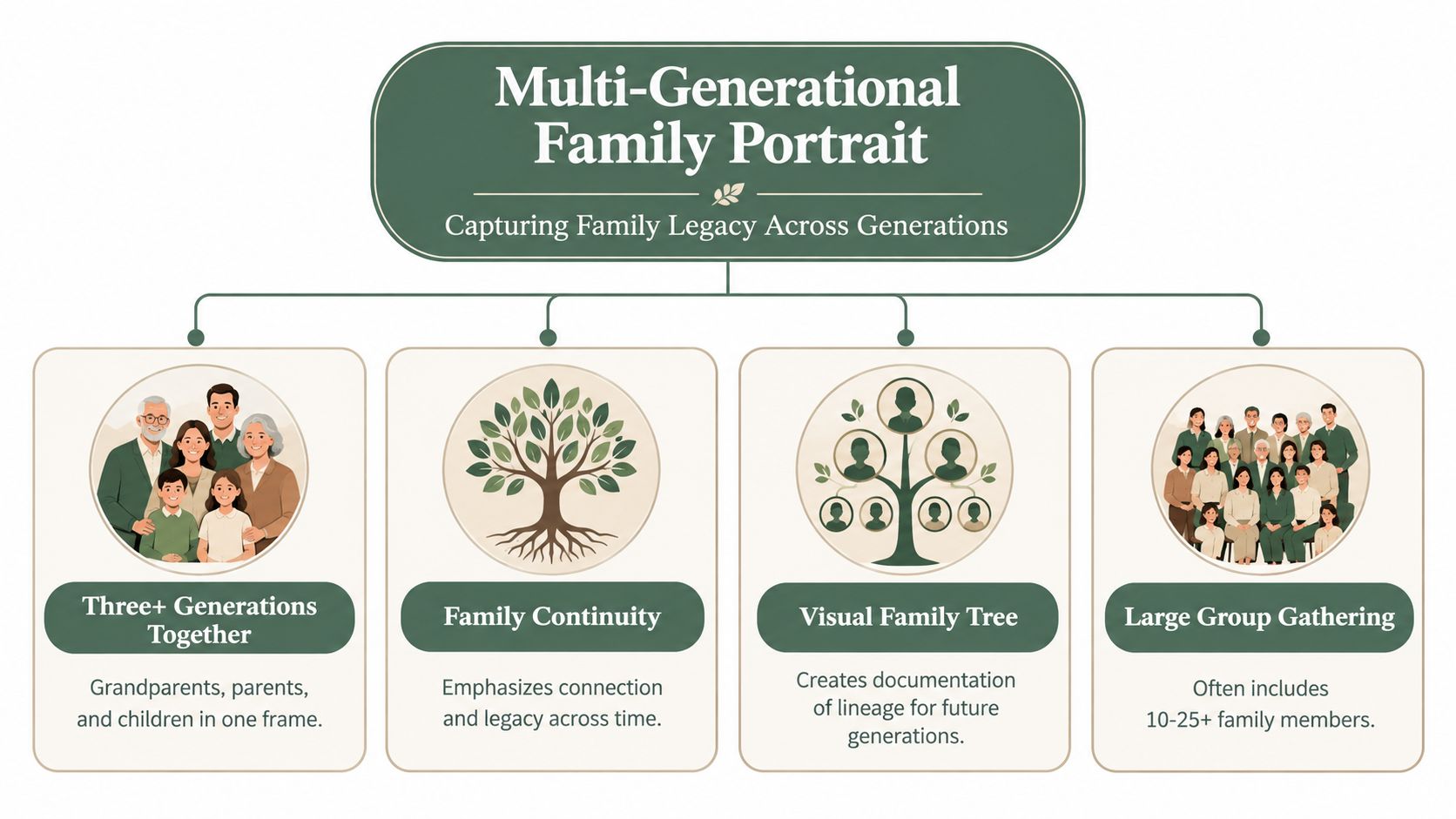 A diagram illustrating multi-generational family portrait concepts, including family tree imagery and group photography ideas.