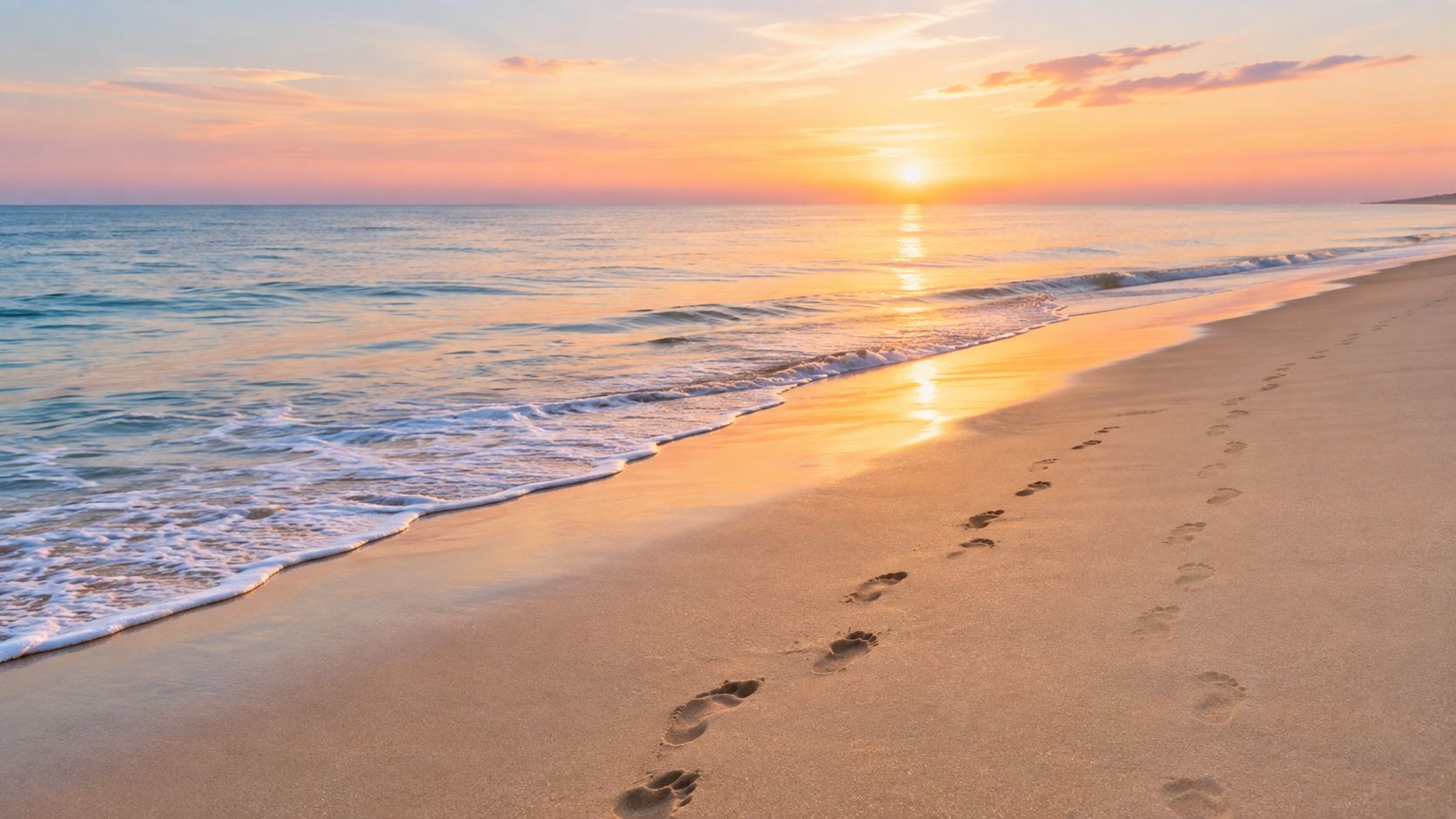 A serene beach at sunset with empty footprints leading along the wet sand by the ocean shore.