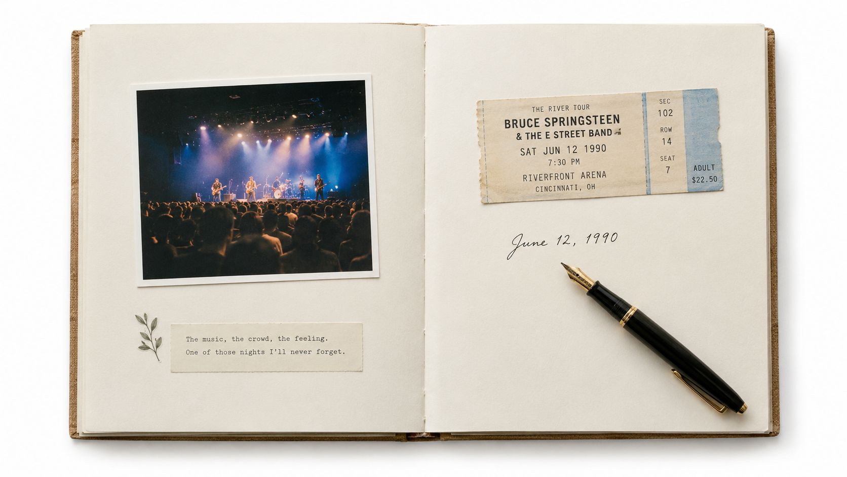 Open scrapbook journal displaying a photograph of a Bruce Springsteen concert, ticket stub, and a fountain pen.