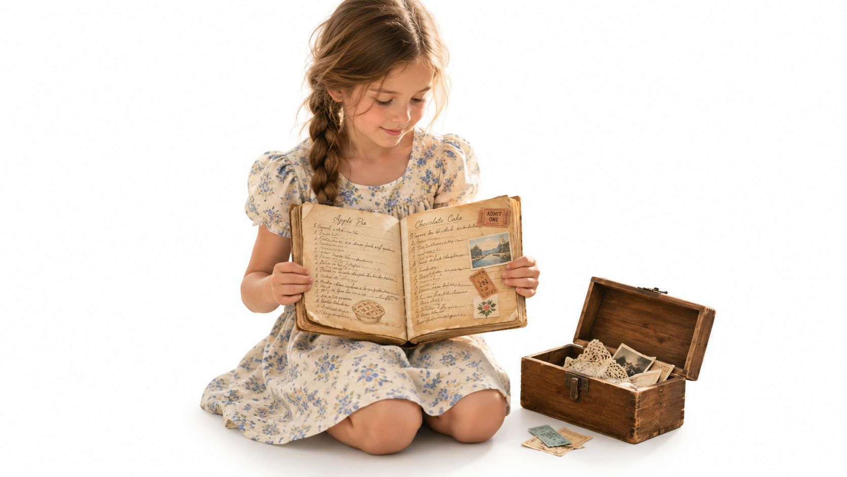 A young girl in a floral dress sitting on the floor reading a vintage recipe book