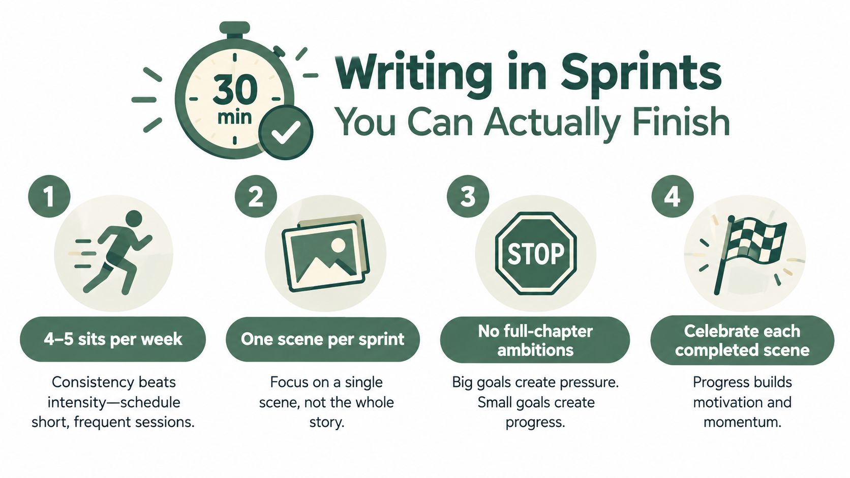 An infographic titled Writing in Sprints showing four steps to write effectively using 30-minute sessions.