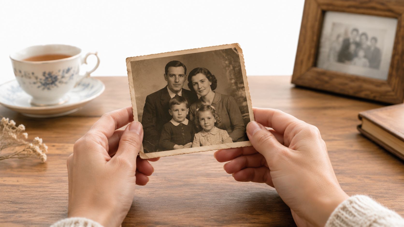 A person holding a vintage sepia-toned family photograph while sitting at a wooden desk with tea.