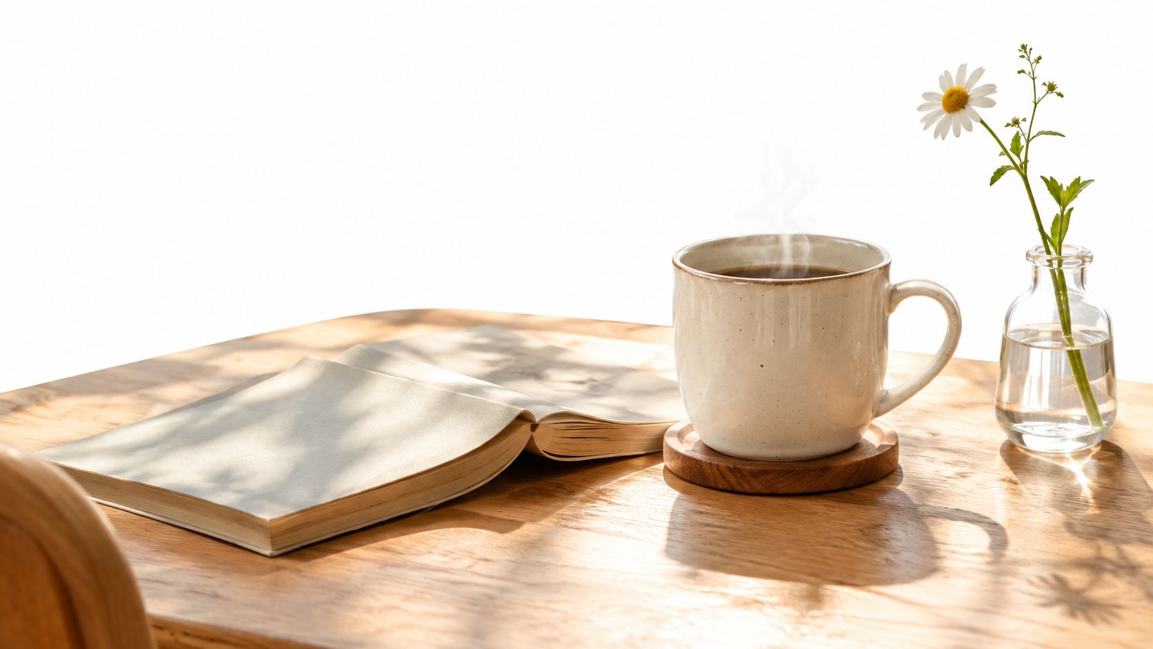 An open book sits next to a steaming mug of coffee and a small flower vase.