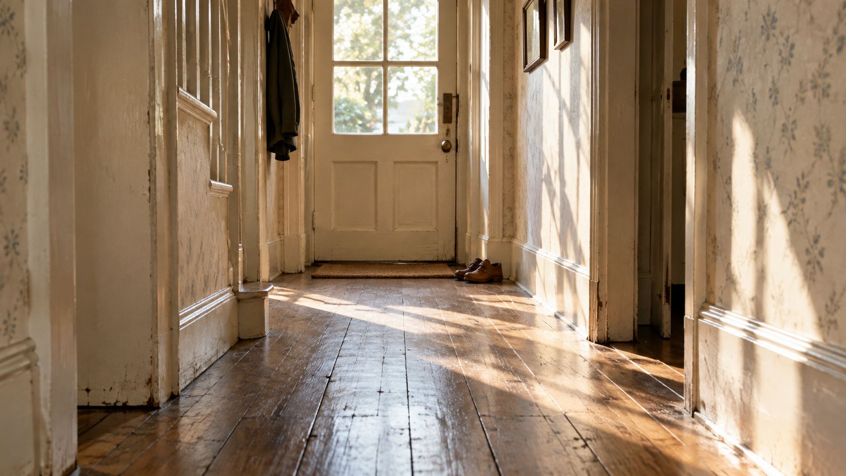 Sunlit wooden hallway leading to an old front door with a pair of brown leather shoes nearby.