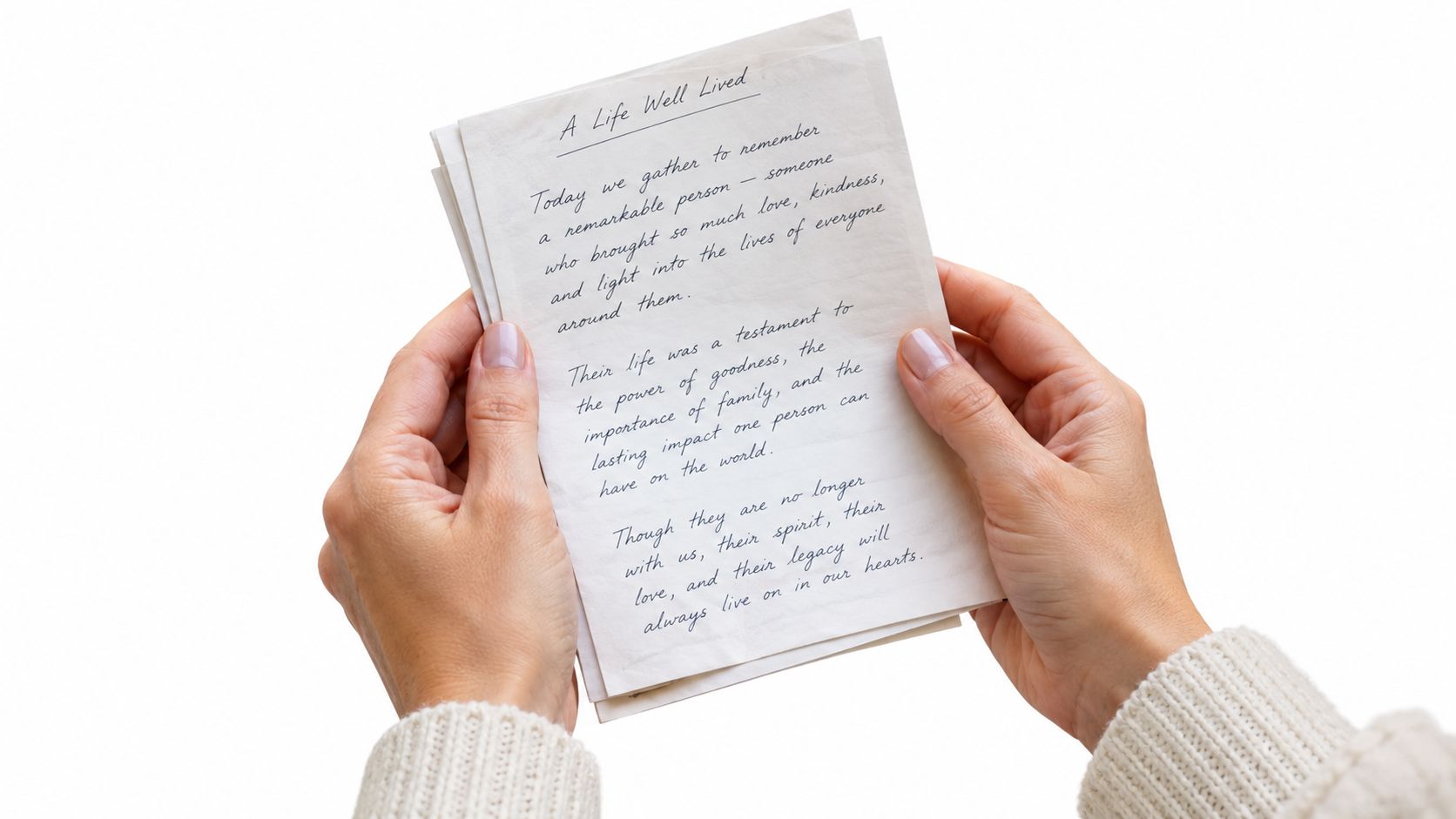 A person holding a stack of papers with a memorial tribute titled A Life Well Lived written on it.