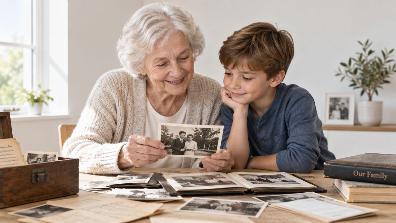 An elderly woman and a young boy looking at old family photos together at a table