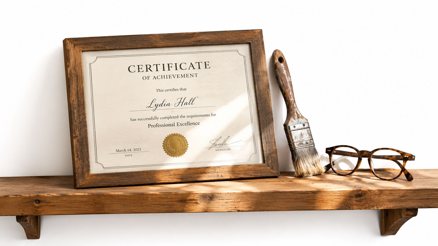 A framed certificate of achievement for professional excellence displayed on a wooden shelf next to a paintbrush.