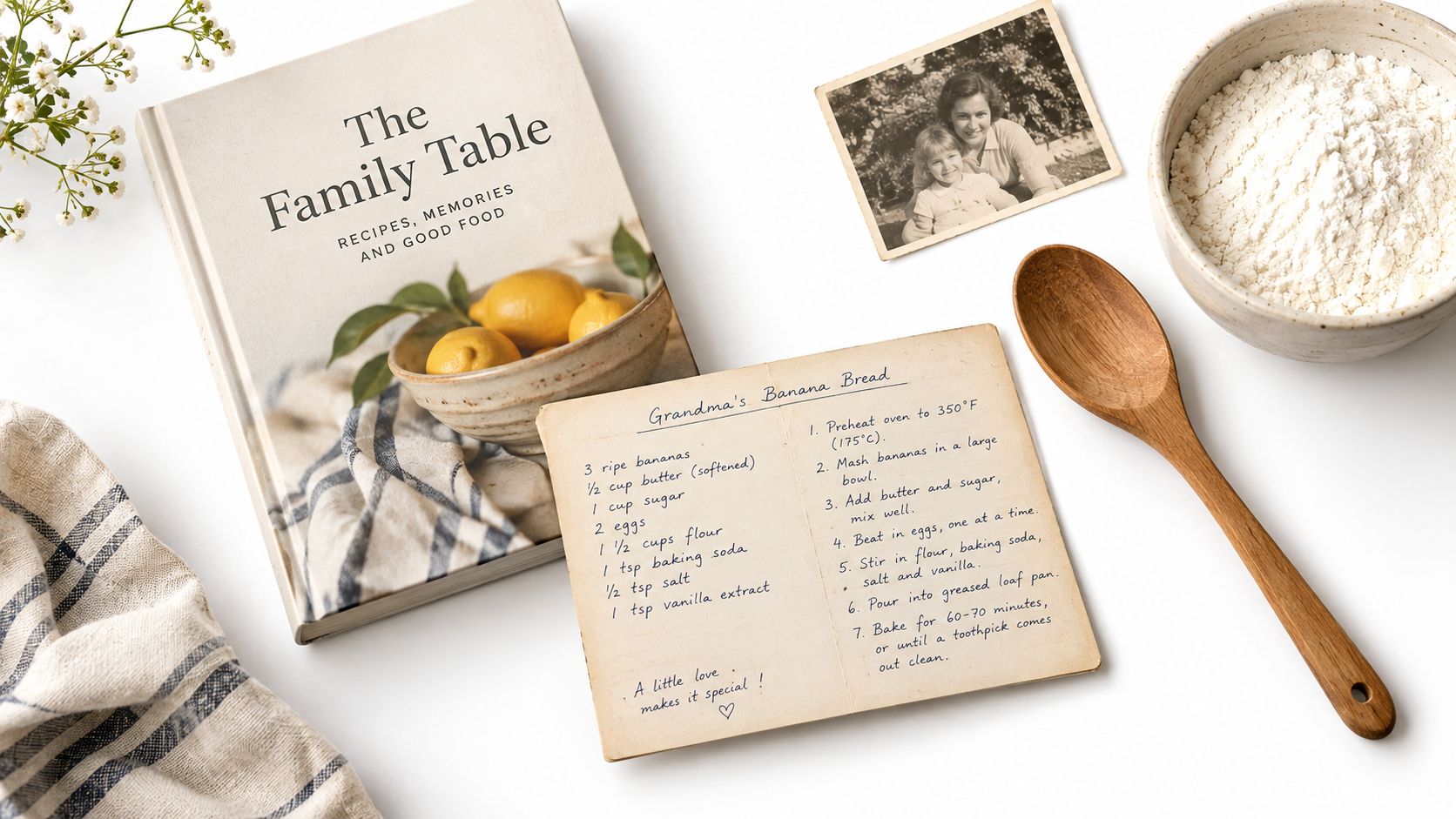 A rustic arrangement featuring a vintage banana bread recipe card, a cookbook, flour, and an old photograph.