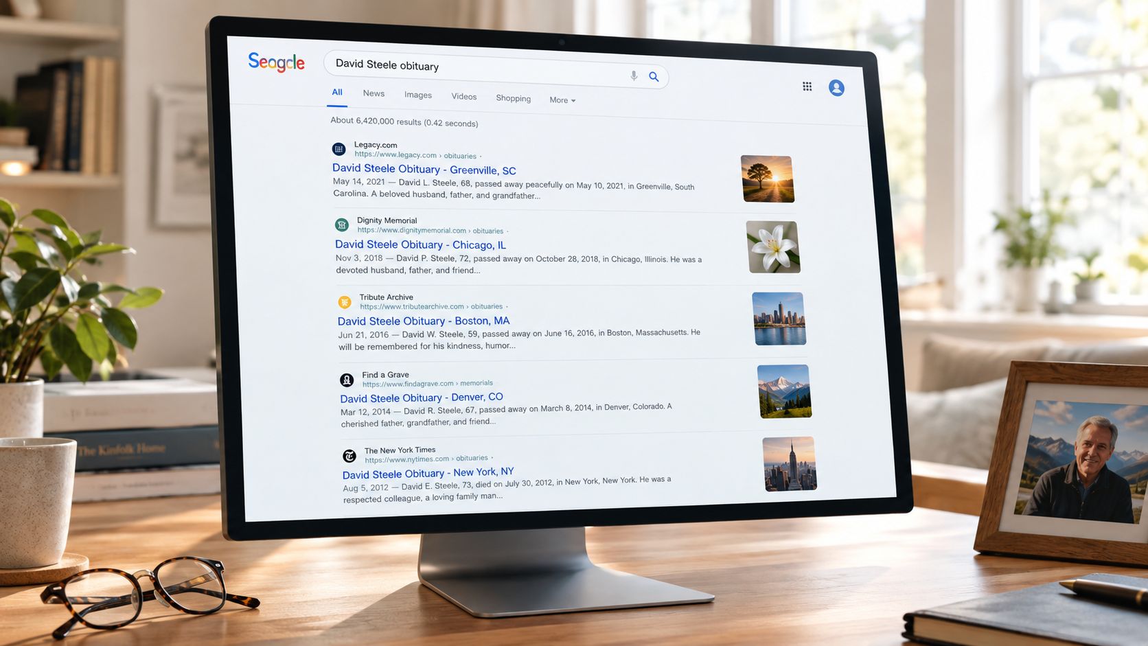 A computer screen displaying a search engine results page for David Steele obituaries on a wooden desk.