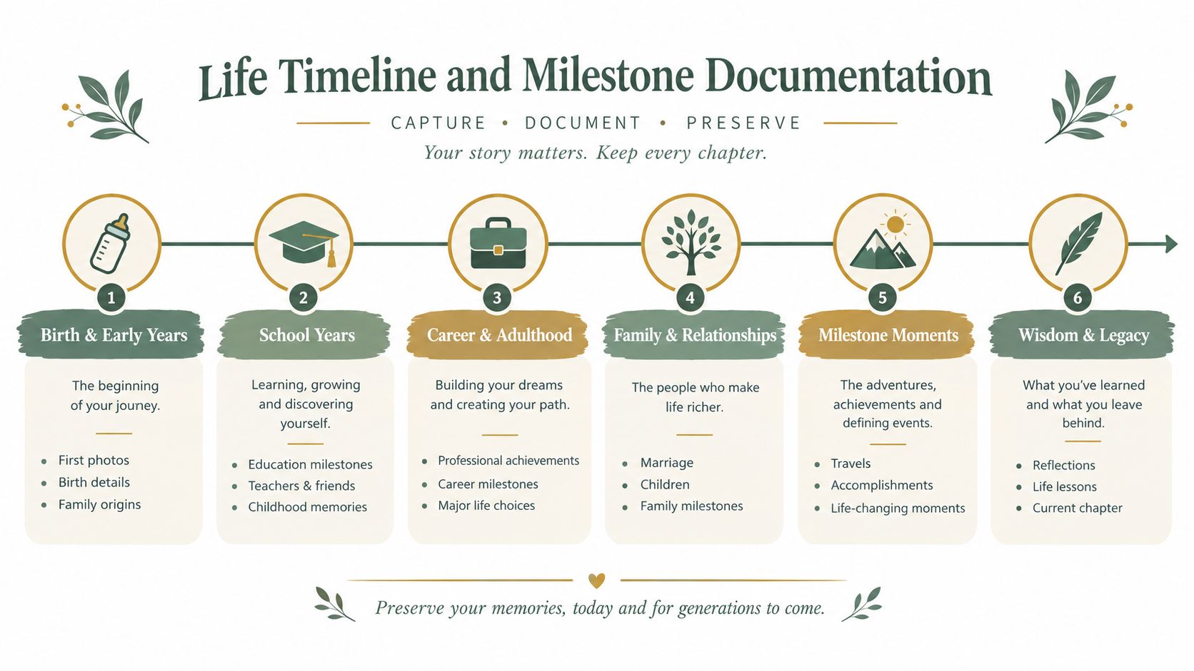 An infographic titled Life Timeline and Milestone Documentation with six stages illustrating life stages from birth to legacy.
