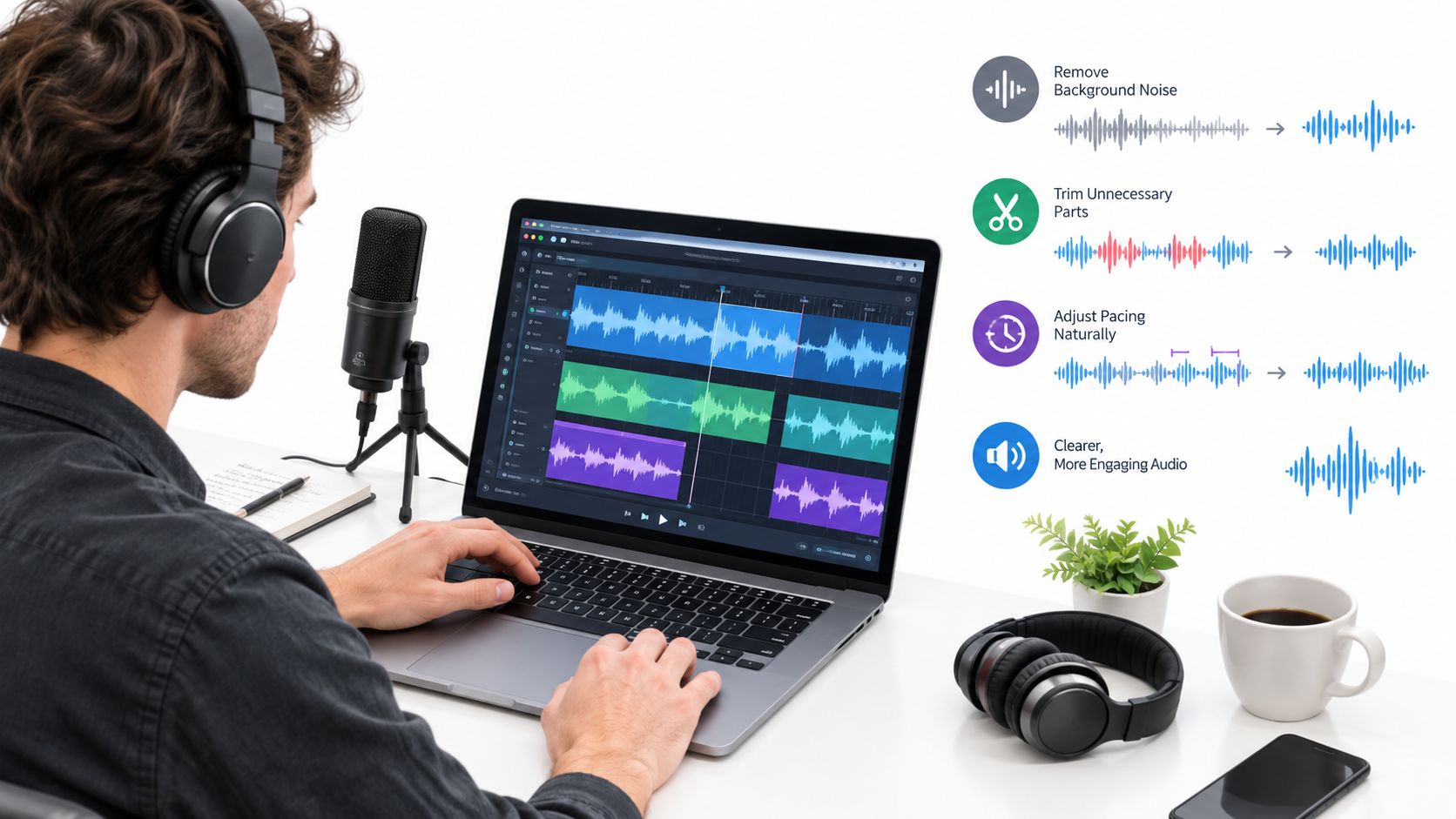 A person editing audio on a laptop with headphones, microphone, coffee, and audio enhancement icons displayed nearby.