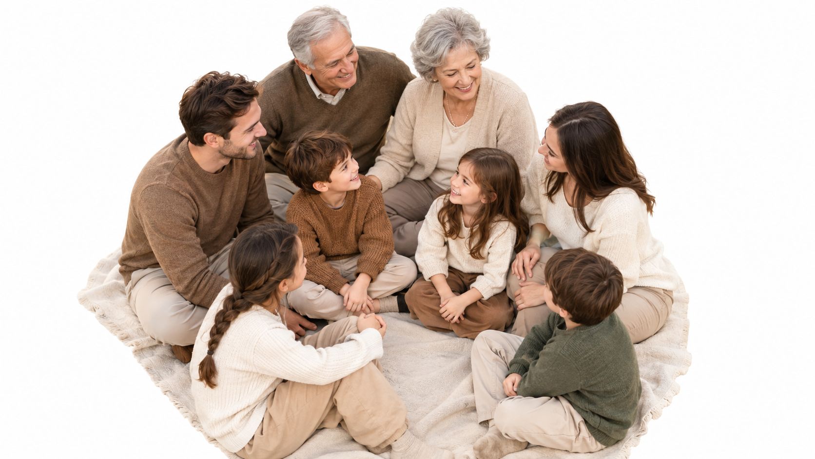 A happy multi-generational family sitting on a circular blanket in a circle, looking at each other together.