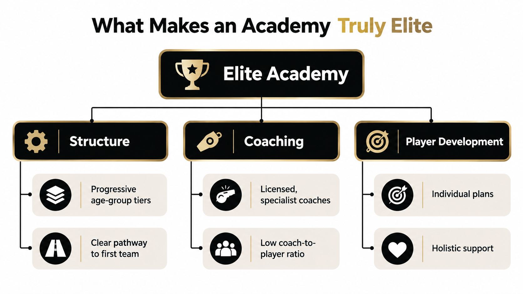 A diagram illustrating the three core pillars of an elite soccer academy: structure, coaching, and player development.