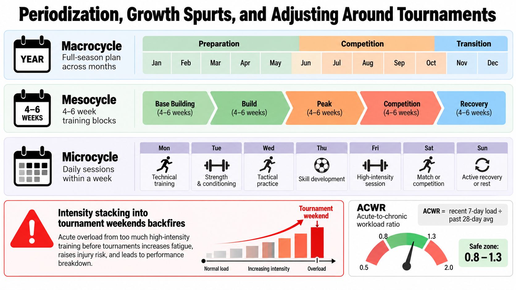 A diagram illustrating sports periodization, showing macrocycle, mesocycle, and microcycle schedules for structured athletic training programs.