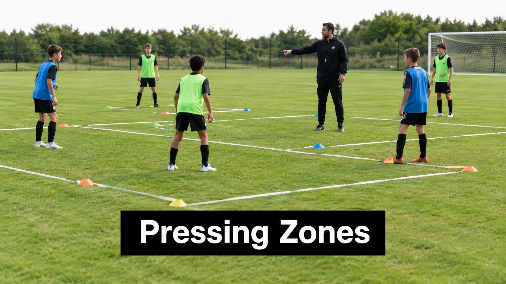 A soccer coach instructing young players on a field with white lines and markers for training drills.