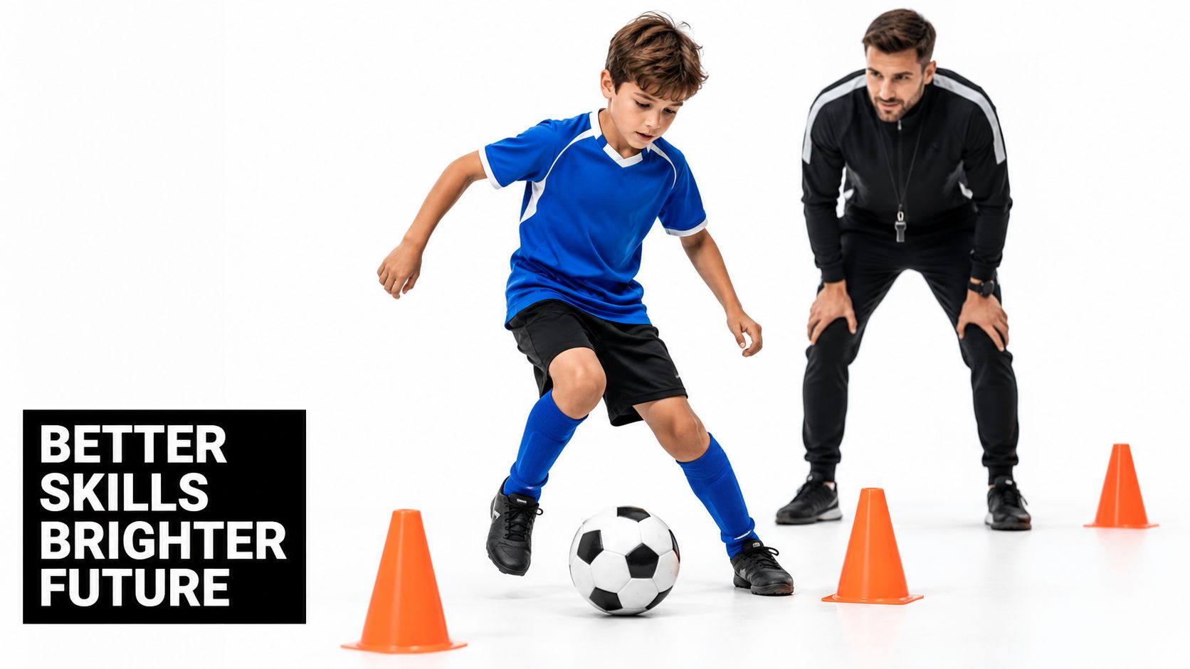 A professional soccer coach guiding a young boy as he practices dribbling skills through orange cones.