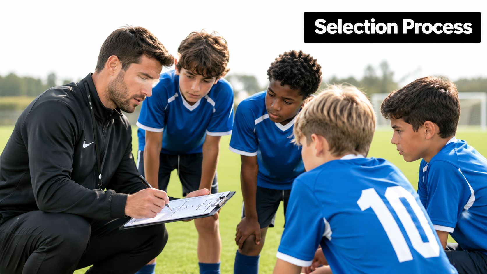 A soccer coach explains strategy to a group of young players on a clipboard during training.