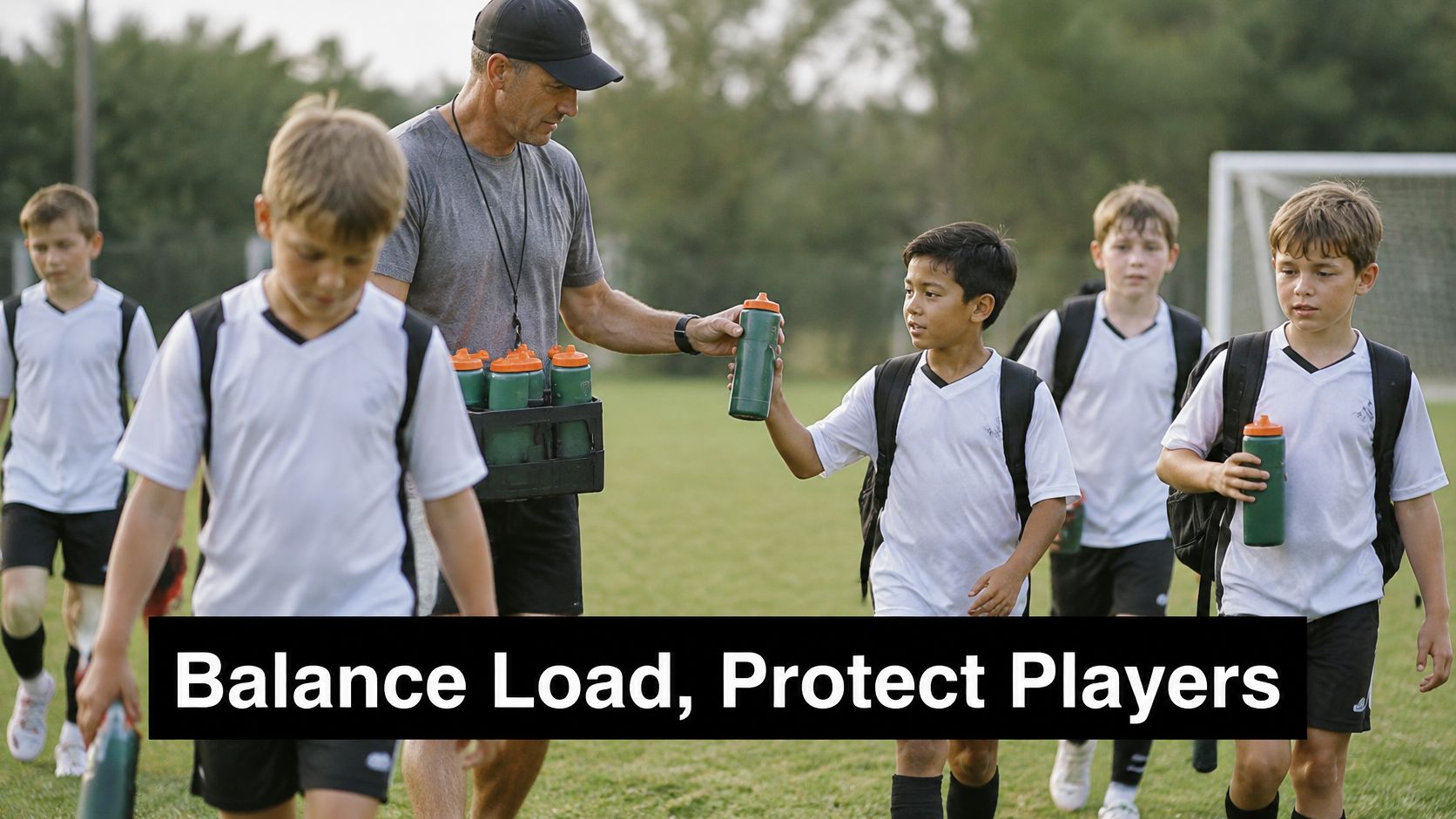 A soccer coach handing out green water bottles to young players after their soccer practice session.