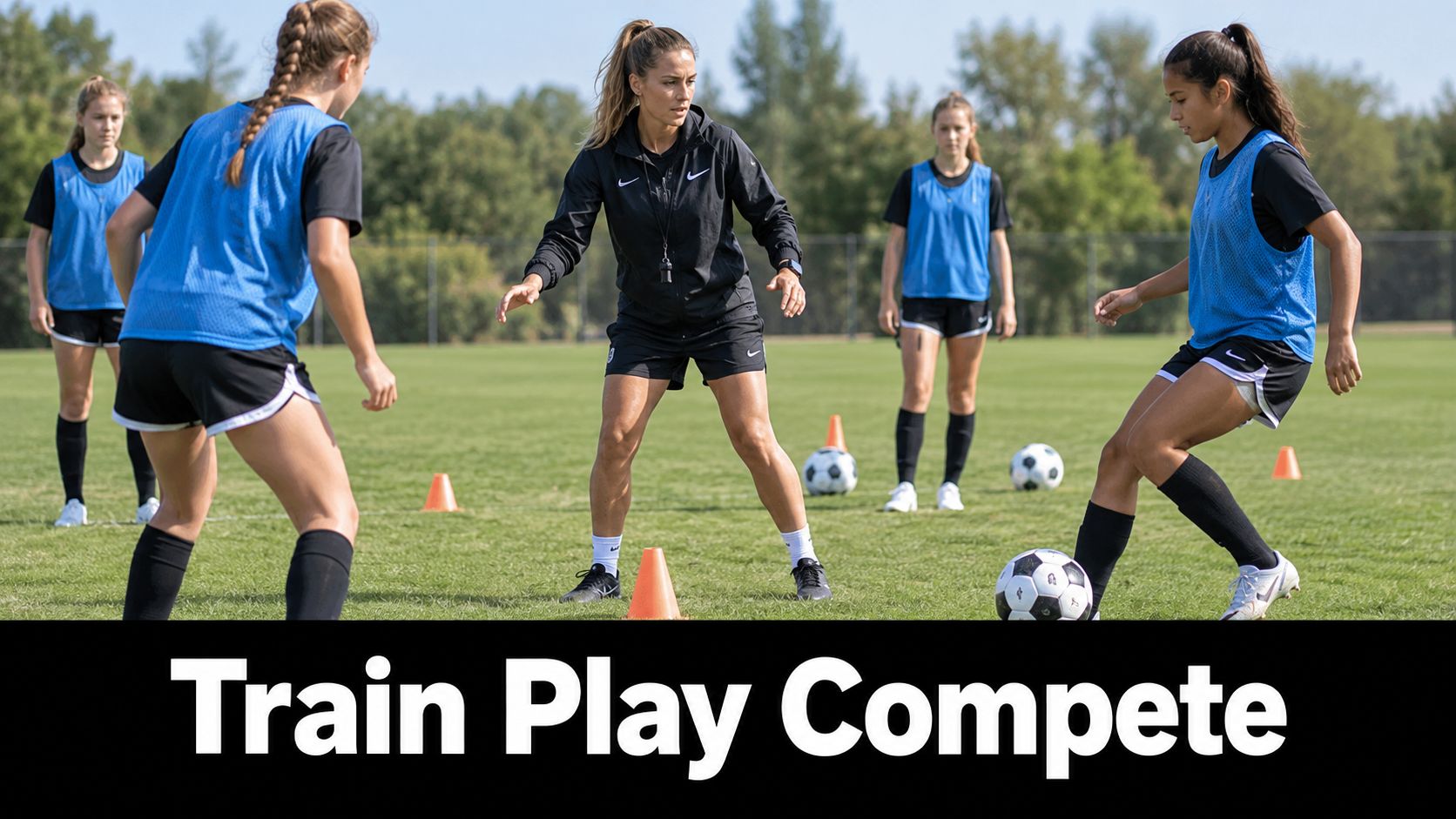 A female soccer coach instructing young female players during a soccer practice drill on a field.