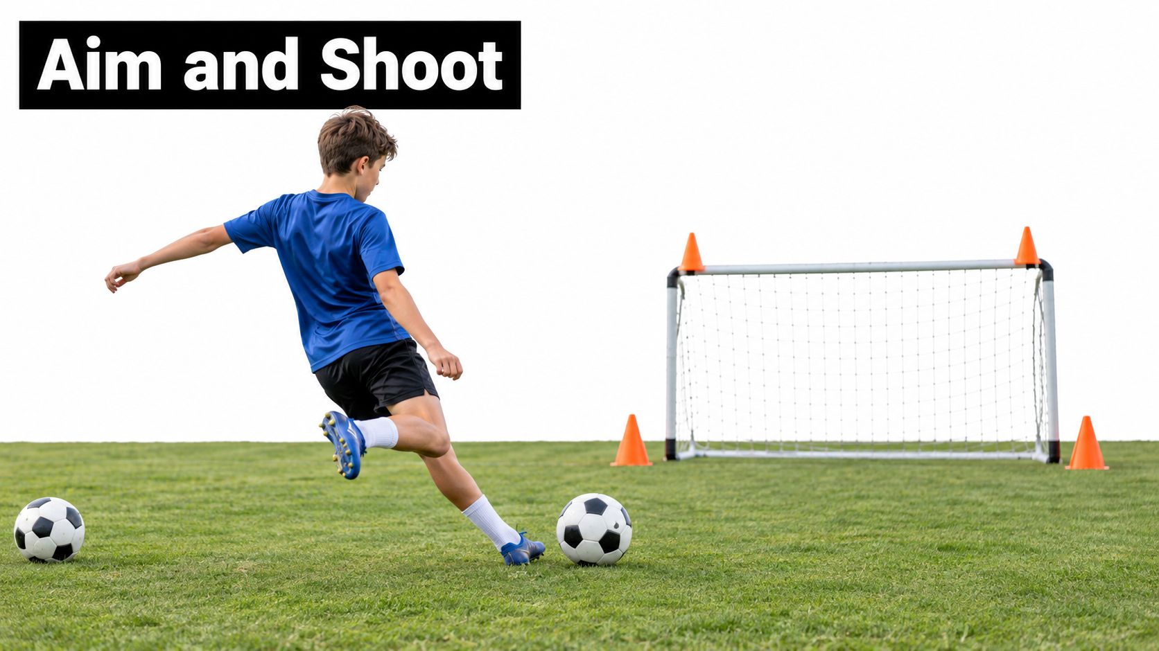 A young boy in a blue shirt practices kicking a soccer ball toward a training goal.