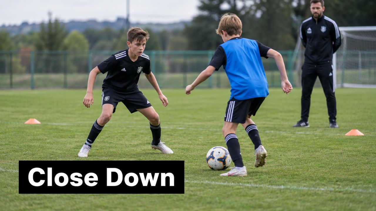 A young soccer player defending against an opponent during a training drill on a grass field.