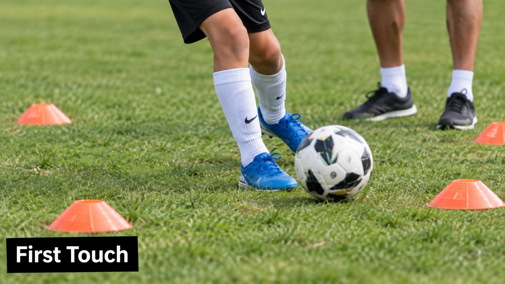 A soccer coach observes a young player practicing ball control drills with cones on a grass field.