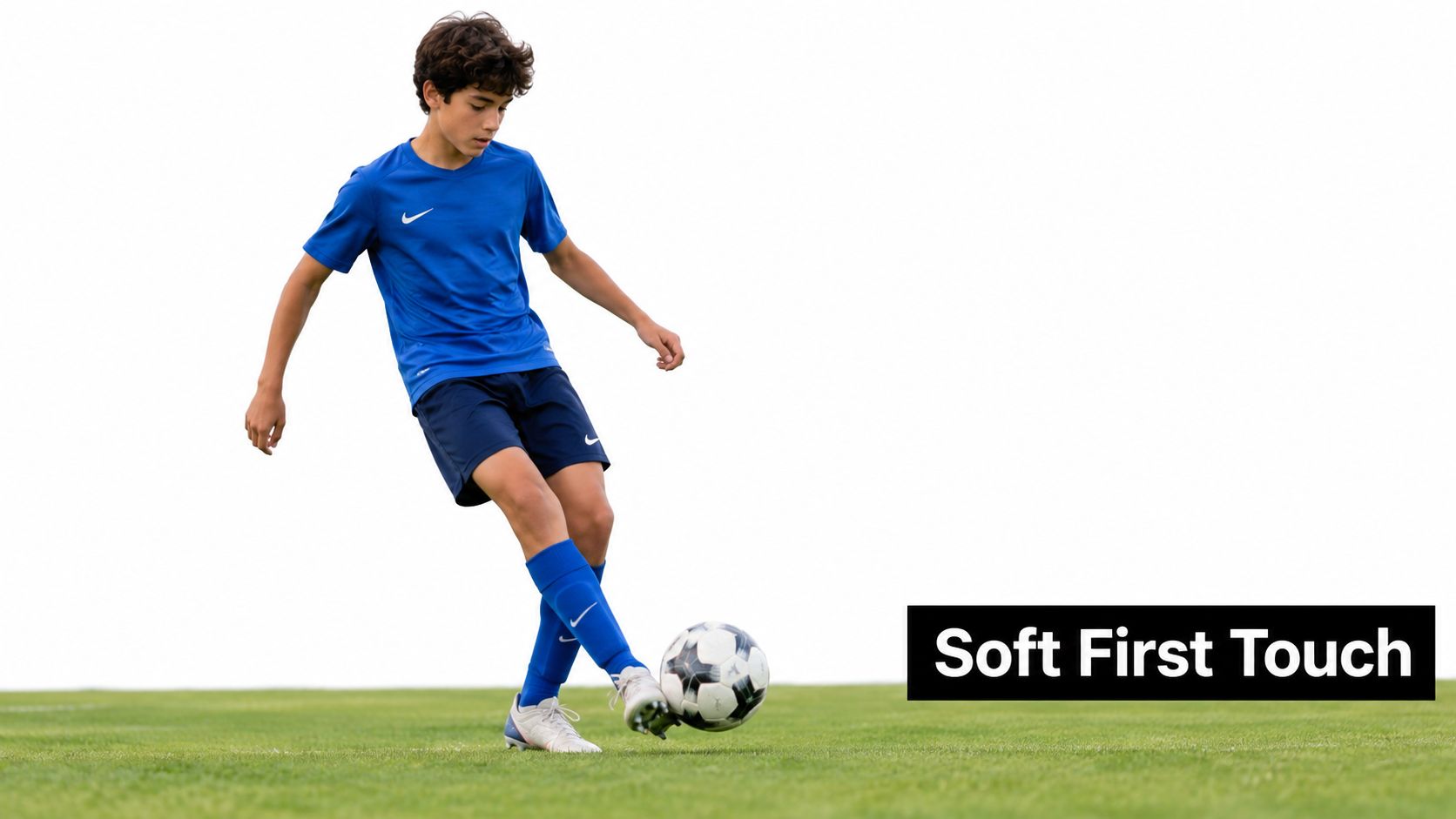 A young soccer player practicing a soft first touch with a ball on a green field
