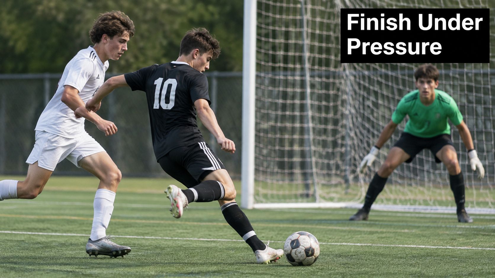 A soccer player in a black jersey kicks the ball towards a goal while being defended.