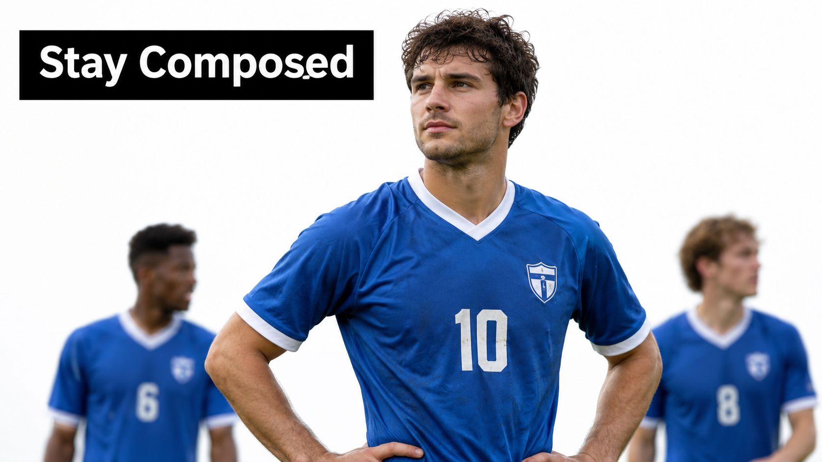 A focused soccer player wearing a blue team jersey with number ten stands on the field.