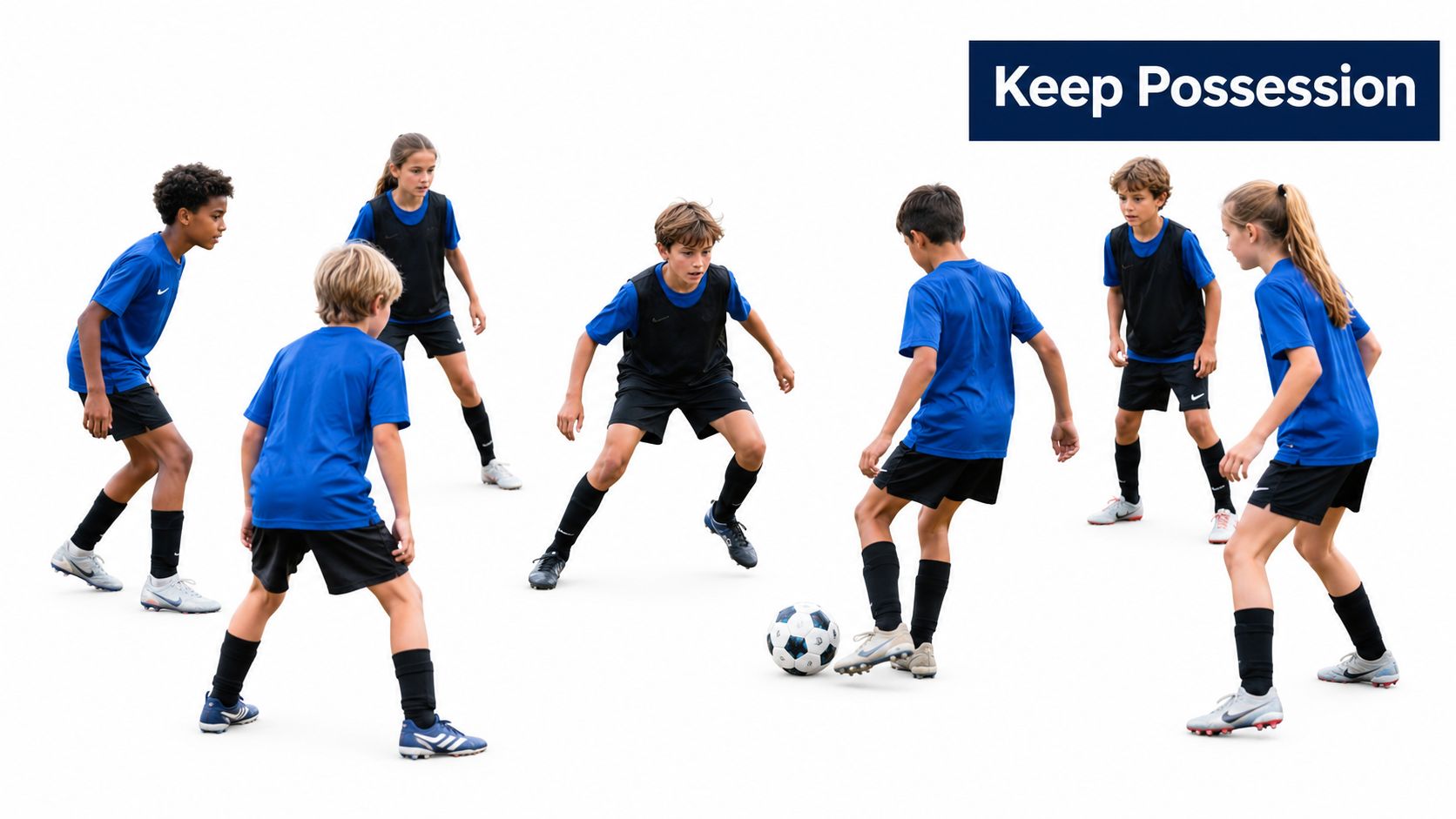 A group of young soccer players practicing ball possession skills during a youth training session.