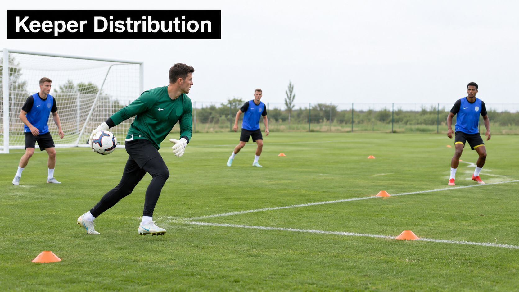 A soccer goalkeeper performing distribution drills on a grass field with teammates waiting in the distance.