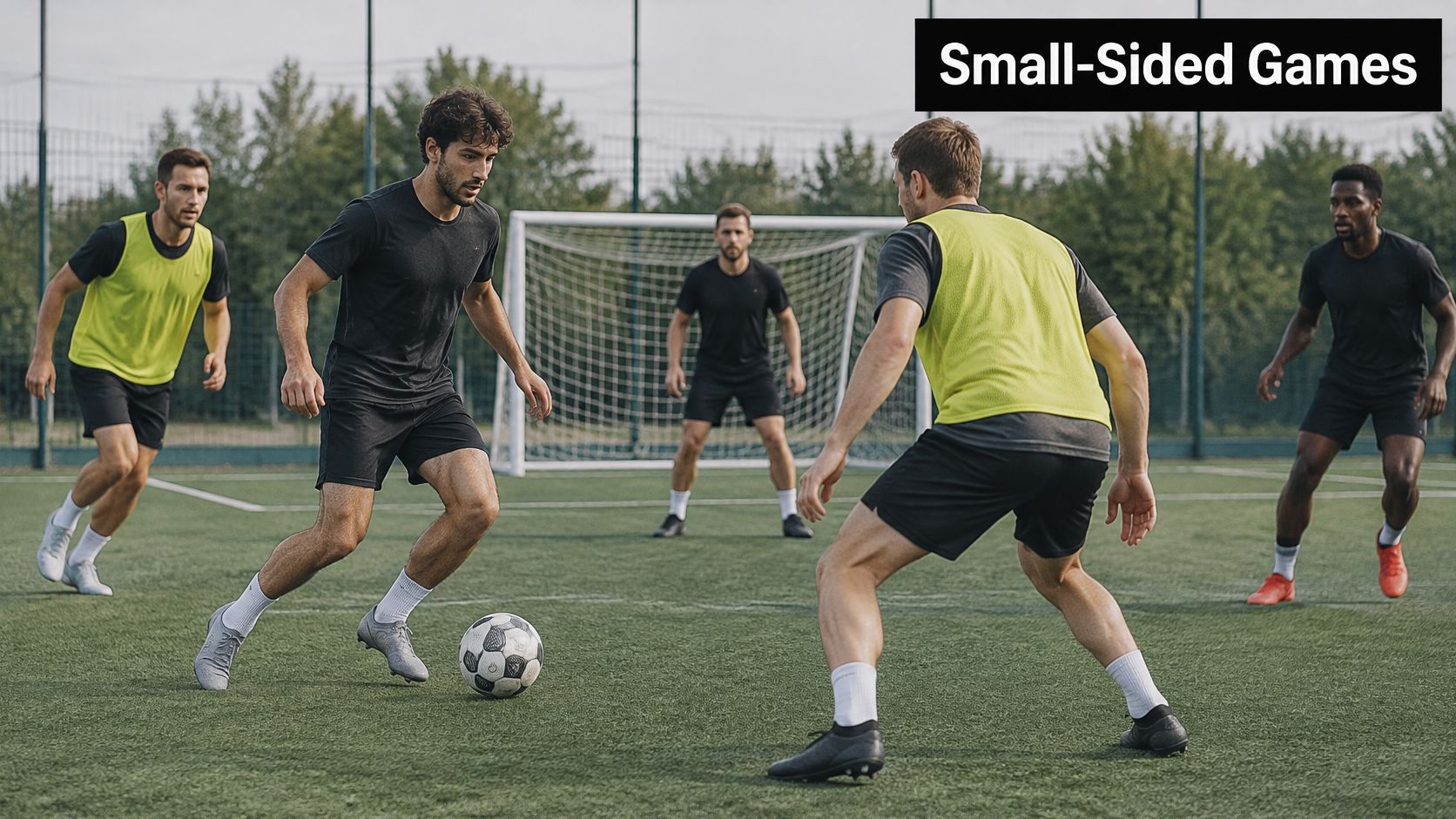 A group of soccer players practicing small-sided games on an outdoor field during a training session.