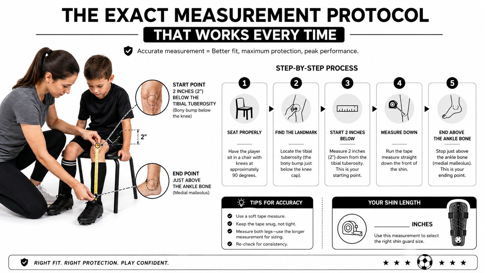 A diagram demonstrating how to correctly measure a child's shin length for soccer shin guard sizing.