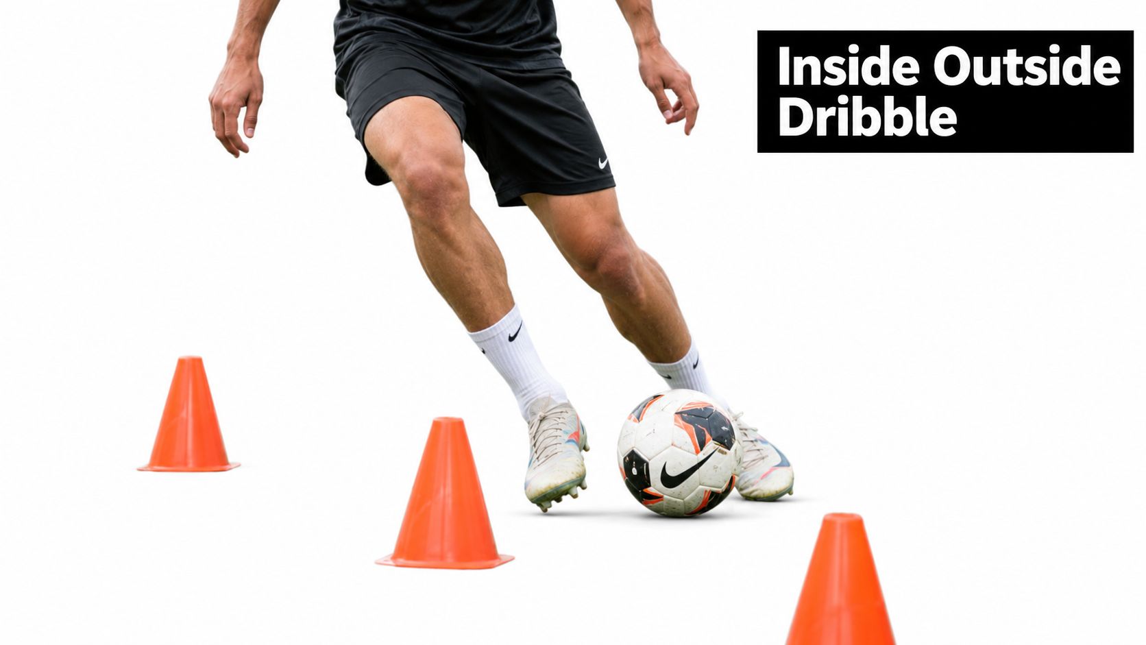 A soccer player practicing dribbling drills by maneuvering a ball around orange plastic training cones.