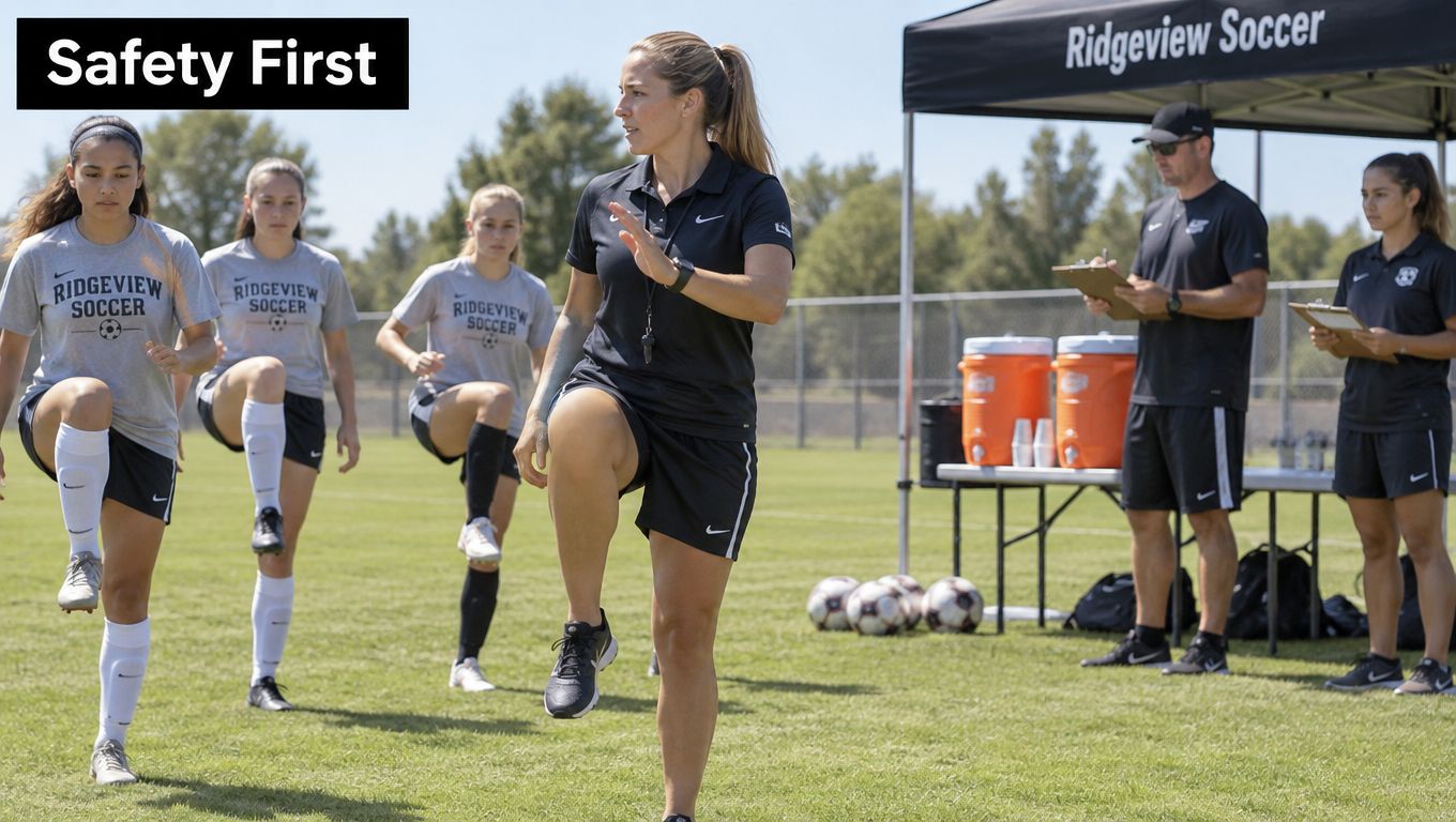 A female coach leading a group of young soccer players through high knee warm-up exercises on field.