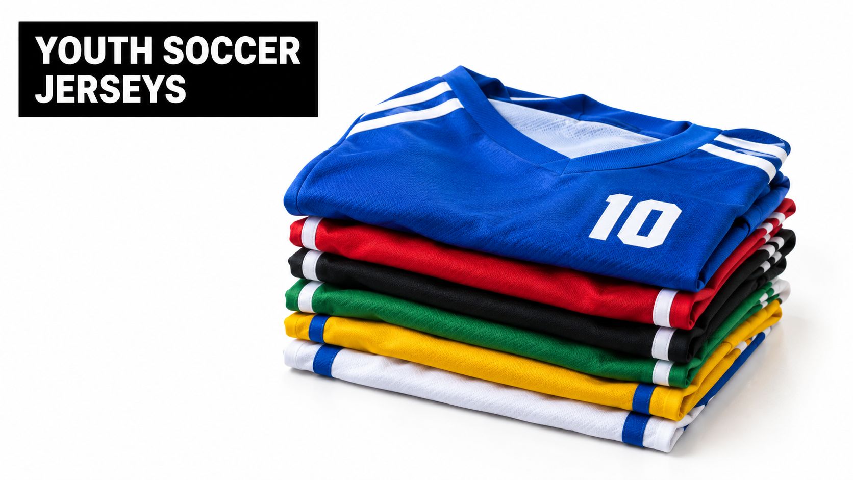 A stack of colorful youth soccer jerseys in blue, red, black, green, yellow, and white colors.